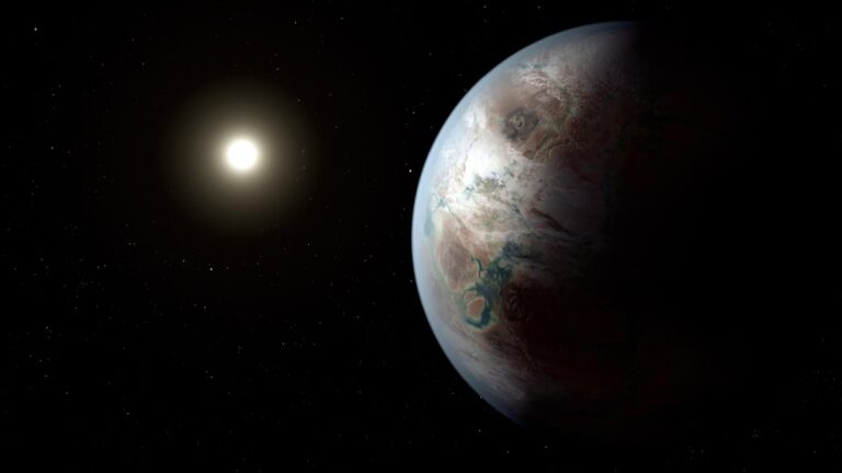 A terrestrial exoplanet with visible land and water features is partially illuminated by a bright star, set against a backdrop of space filled with small stars.
