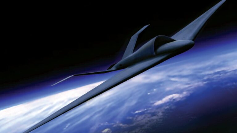A sleek, futuristic aircraft flies above the Earth, with the planet's curvature and atmospheric layers visible against the dark backdrop of space.