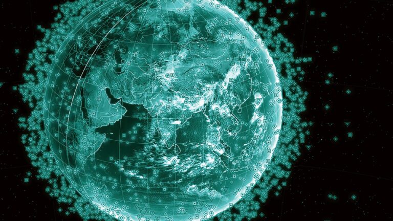 A digital rendering of Earth surrounded by numerous data points, highlighting a detailed network or global connectivity. The Earth is depicted in shades of green on a black background.