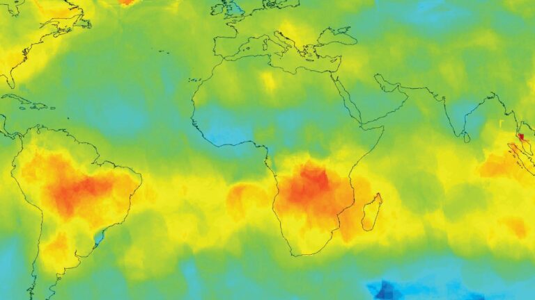 A global heat map showing temperature variations. Red and yellow indicate high temperatures, predominantly over Africa and South America. Blue and green denote cooler regions. No specific data labels visible.