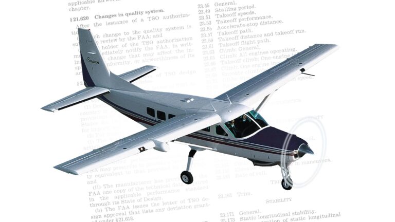 Image of a small twin-propeller aircraft in flight with sections of text document faintly visible in the background.
