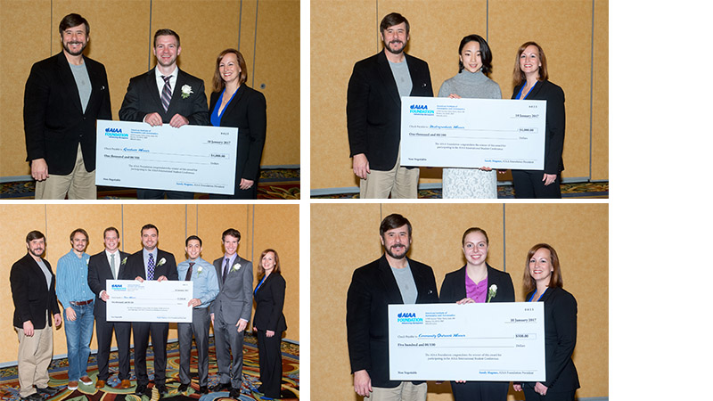 Four panels depicting award recipients holding large checks at a formal event, smiling alongside presenting officials in a conference room.
