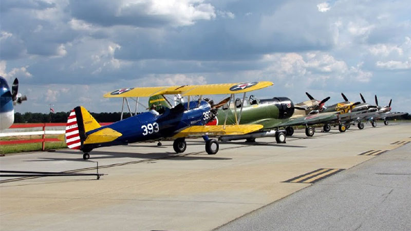 A row of vintage military airplanes parked on a runway, with a yellow and blue biplane in the foreground featuring the number 393.