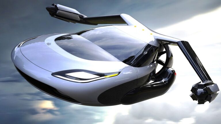 A futuristic flying car with sleek white design and extended mechanical wings against a cloudy sky.