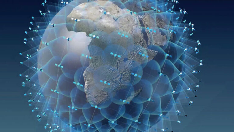 A digital illustration of Earth with the visible African continent, surrounded by a network mesh and numerous small satellites in orbit, depicting global satellite communication.