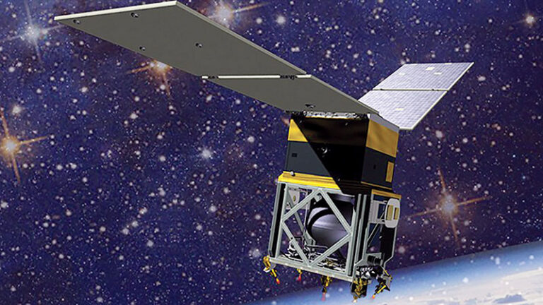 Illustration of a satellite with solar panels extended, set against a starry space background.