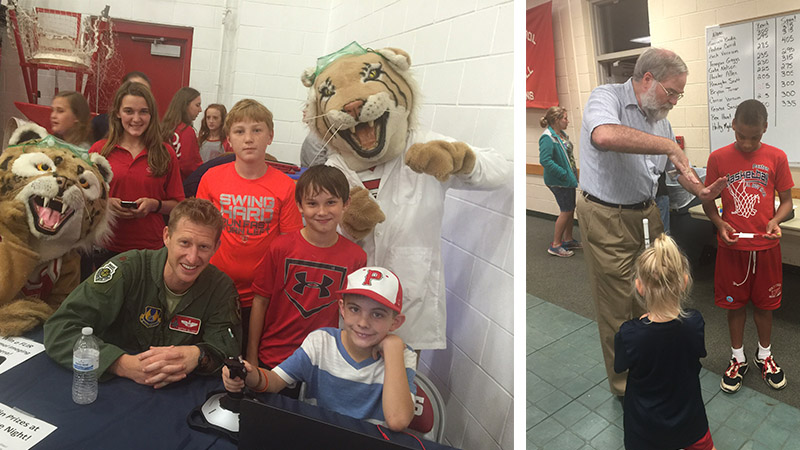 Two images at a school event: left shows a pilot and children at a table with a mascot; right features an elderly man talking to a boy in a basketball uniform.