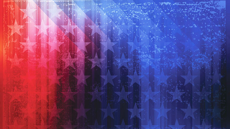 Abstract image featuring a faded american flag with a textured overlay, merging from red to blue with white stars throughout.