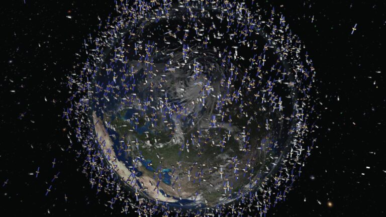 A visual representation of Earth surrounded by numerous satellites and debris in space depicted in a digitally rendered image.