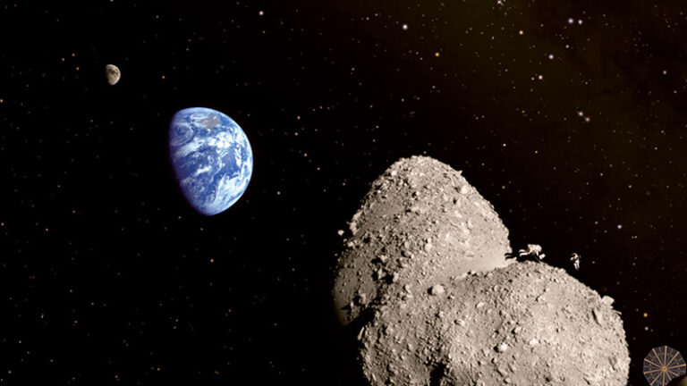 A space probe on a rocky asteroid, with earth and its moon visible in the background set against a starry sky.