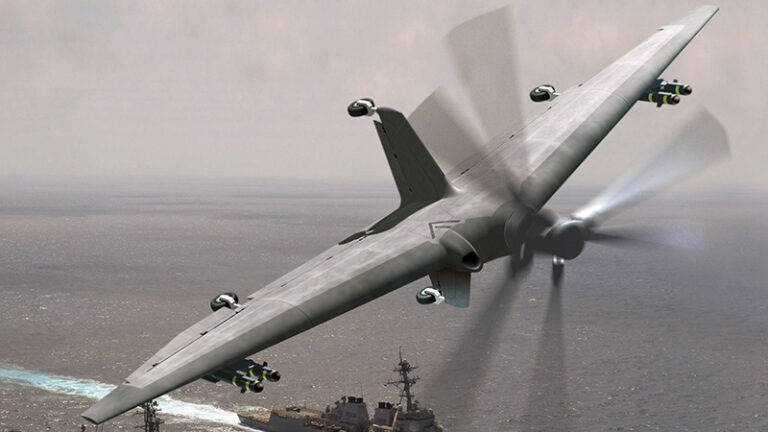 A large, futuristic drone with multiple propellers flying low over the ocean near a naval ship.