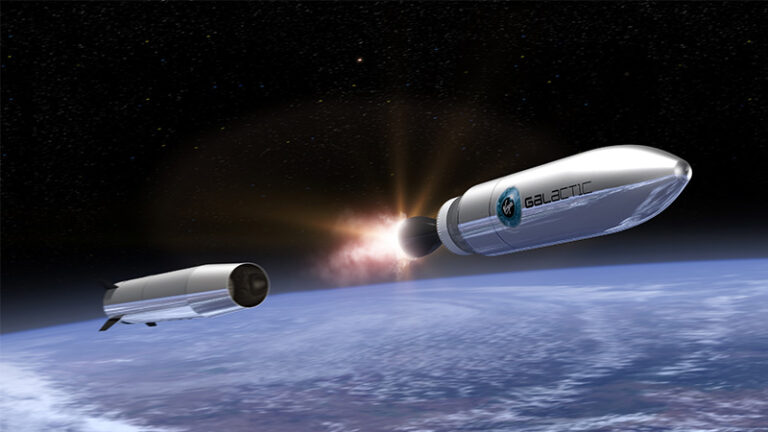 Two spacecraft labeled "galactt" advancing through space above earth, with one emitting a fiery propulsion trail.
