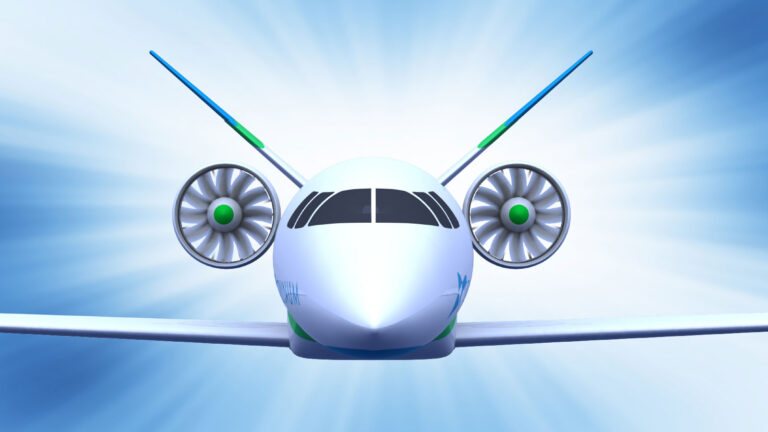 Front view of a futuristic airplane with two engines mounted on the back and a radiant blue sky in the background.