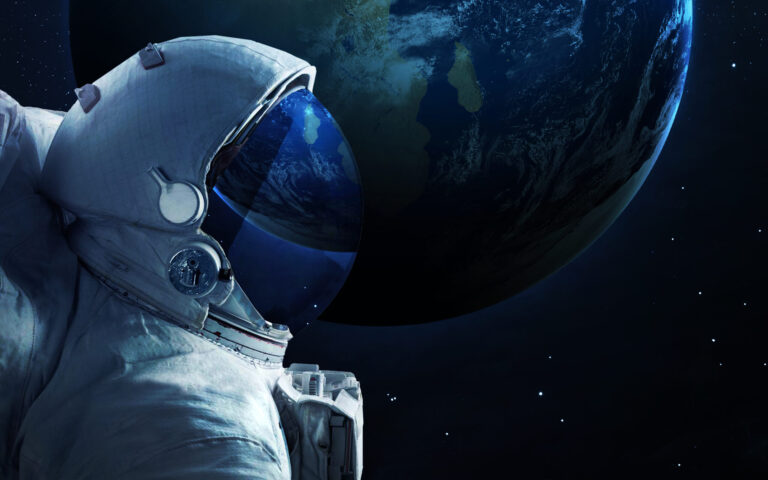 An astronaut in a space suit with earth visible in the background, set against a starry sky.