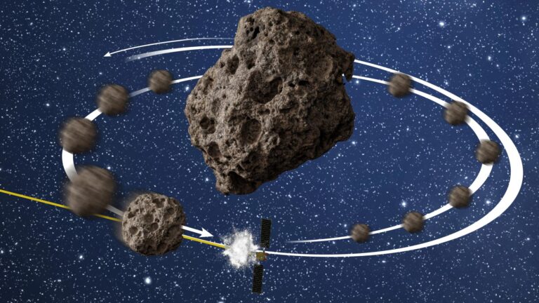 A space probe collides with an asteroid, causing a series of smaller asteroids to orbit around it against a starry background.
