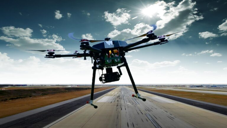 A drone with multiple propellers hovers over an empty runway on a sunny day with a partly cloudy sky.