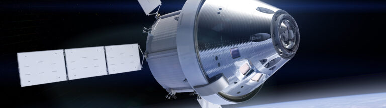 A spacecraft with solar panels orbits earth, set against the backdrop of space.