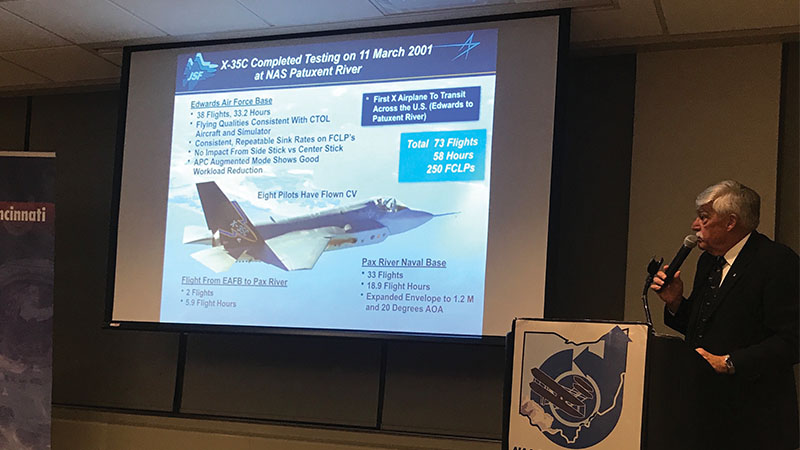 A man presents a lecture beside a projection screen displaying information about the x-35c jet, including testing data and locations, at an indoor event.