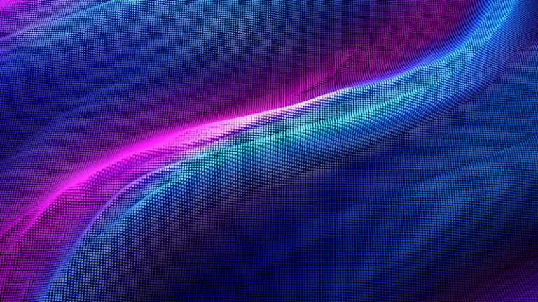 Abstract digital artwork featuring flowing waves of blue and pink dots against a dark background, creating a sense of motion and depth.