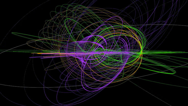 Colorful digital abstract of chaotic lines and curves on a black background, representing complex motion or data visualization.