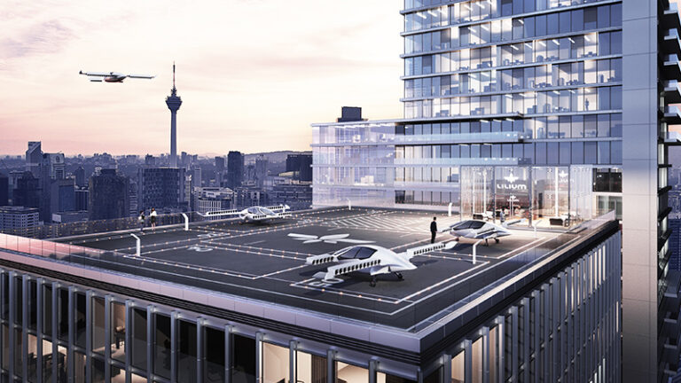 A futuristic cityscape at dusk with drones and flying vehicles landing on a rooftop helipad of a high-rise building.