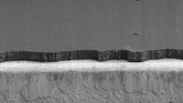 Scanning electron microscope image showing a cross-section of layered materials with distinct textures and thicknesses.
