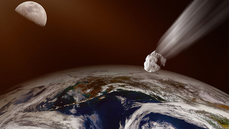 A large asteroid hurtles toward Earth with the moon visible in the background.