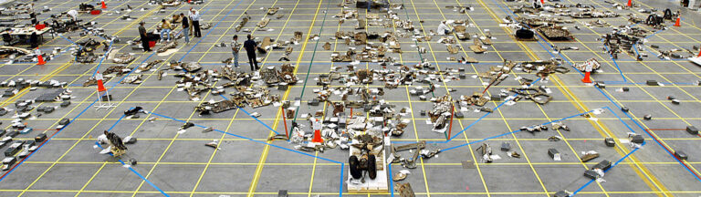 Wide view of a large indoor space with numerous pieces of debris arranged on a grid marked with yellow lines. Several people are examining the items, and orange safety cones are placed around.