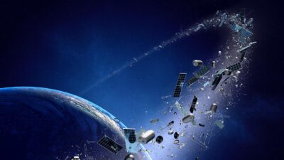 Depiction of space debris orbiting Earth with numerous defunct satellites and other fragments against a backdrop of space.