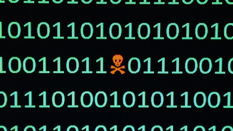 A screen displaying binary code with a skull and crossbones symbol in the center, indicating a potential virus or malware.
