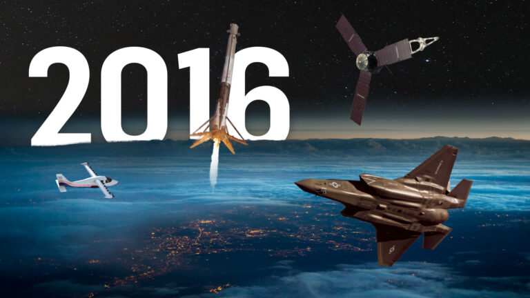 Graphic depicting technological advancements in aviation and space in 2016, featuring a spacecraft, a fighter jet, a telescope, and a rocket launching, all set against an aerial view of Earth.