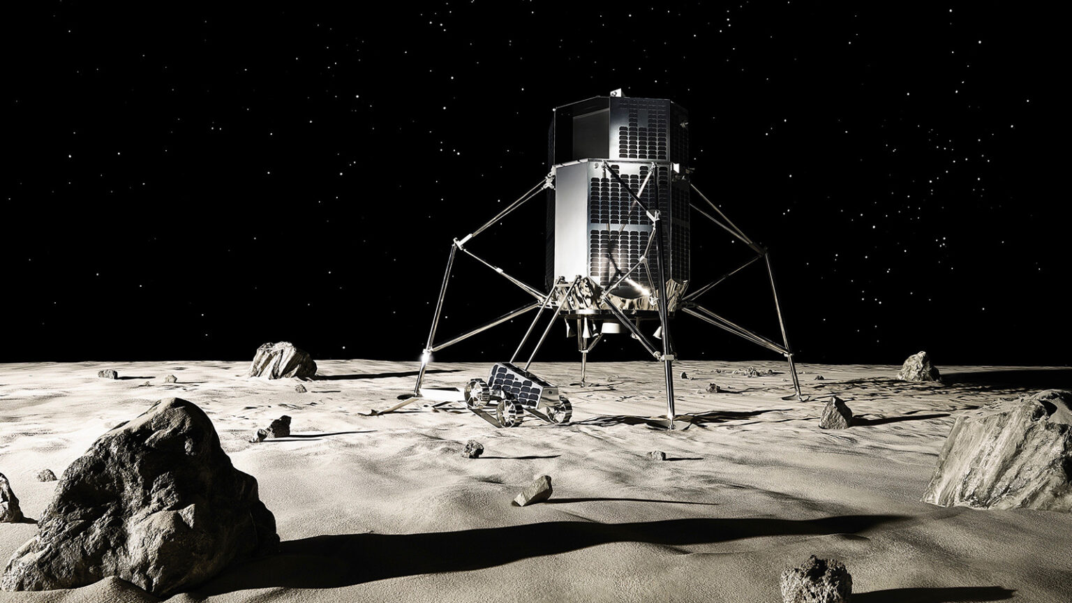 A lunar lander with extended legs is stationed on a rocky, cratered lunar surface under a starry sky.