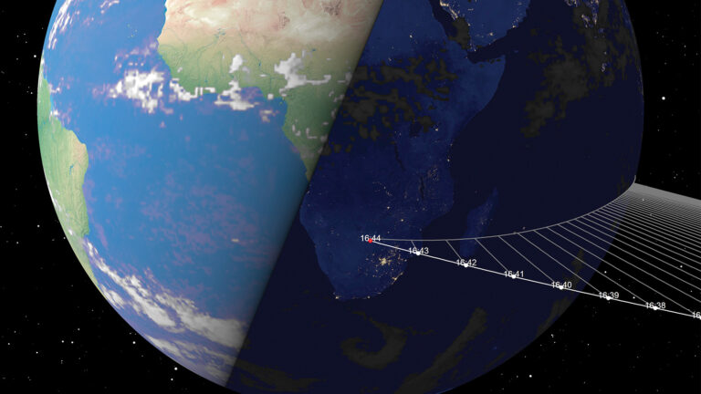 A view of Earth from space showing the transition between day and night, with a graphical depiction of satellite orbits and times over the southern part of the African continent.