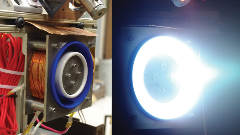 Two views of an experimental plasma thruster: the left side shows the thruster in an off state, and the right side shows it in operation with a bright blue and white glow.
