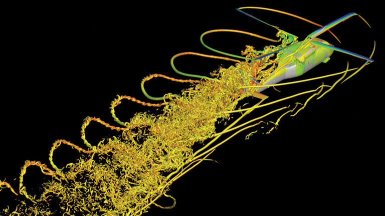 A computer-generated visualization showcasing the complex airflow patterns and vortices generated by a rotorcraft, depicted with multicolored lines against a black background.