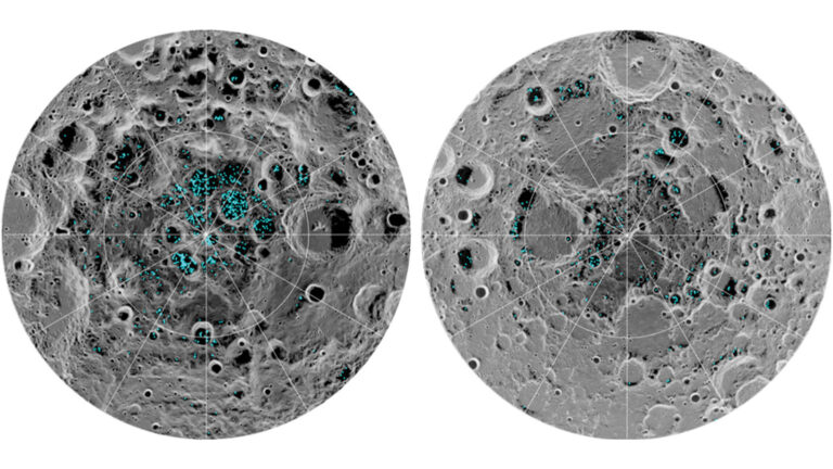 “Lost” satellite reappears, water ice mapped at lunar poles Two circular grayscale images showing the Moon's poles with blue regions indicating water ice locations, one for the south pole (left) and one for the north pole (right).