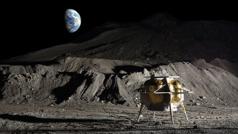 A spacecraft sits on the moon's surface with Earth visible in the black sky above rugged terrain.