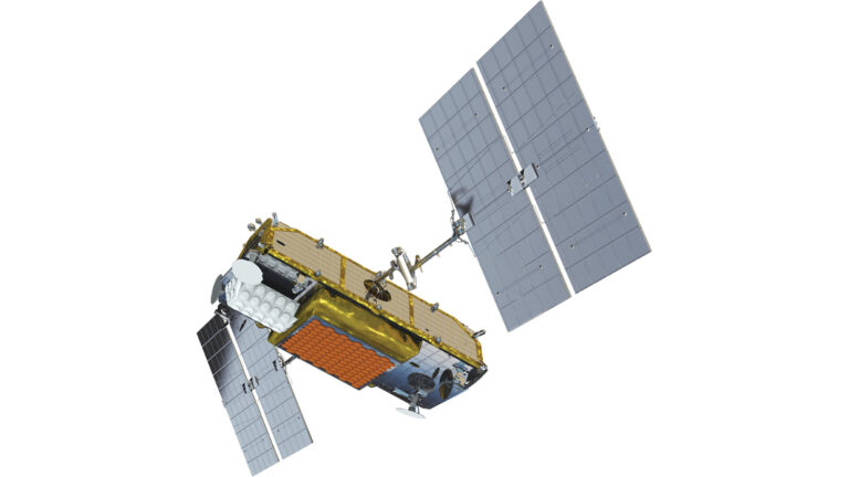 A satellite with large solar panels extending from its body is floating in space against a white background.