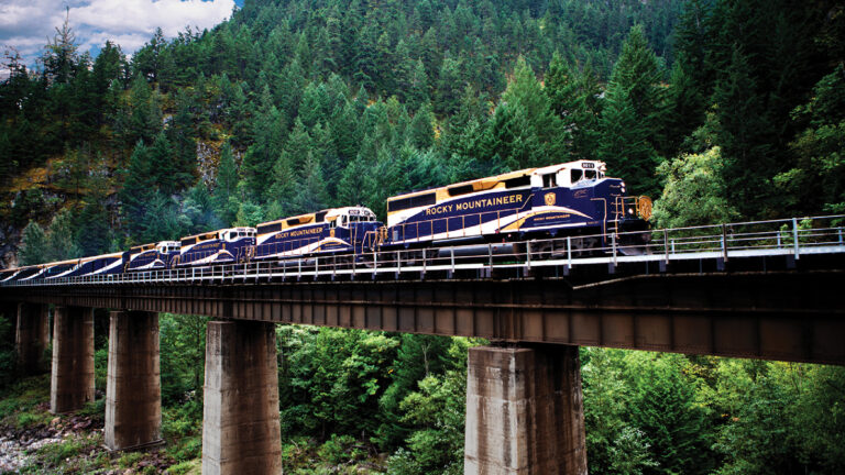 A blue and gold Rocky Mountaineer train travels across a bridge surrounded by dense green forest.