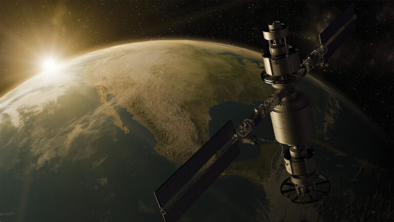 A satellite orbits above Earth with the sun visible at the horizon, casting light on North America.