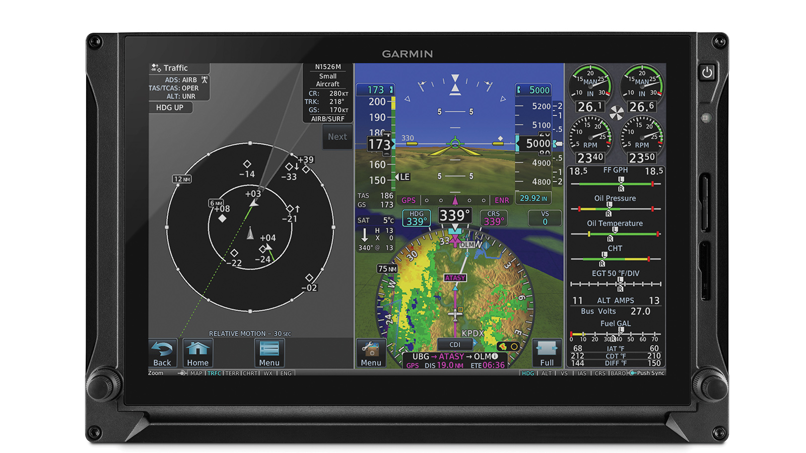An aviation navigation display showing various flight data including altitude, speed, attitude, heading, and terrain maps, manufactured by Garmin.