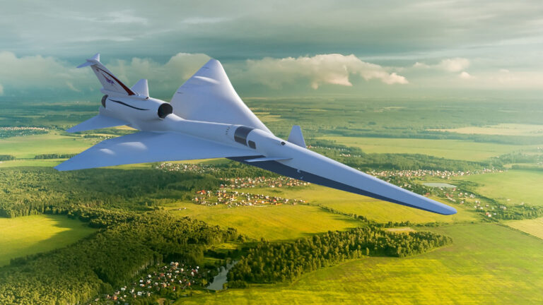 A sleek, white futuristic aircraft with delta wings flies over a green landscape with fields, forests, and small clusters of buildings below.