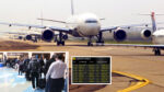 Airplanes on the tarmac with one approaching the runway; inset shows a crowded airport terminal and a flight status board indicating multiple cancellations.