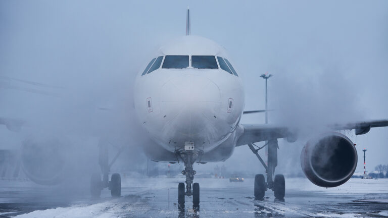 A passenger airplane undergoing de-icing on a snowy runway with steam and mist surrounding its front and wings.