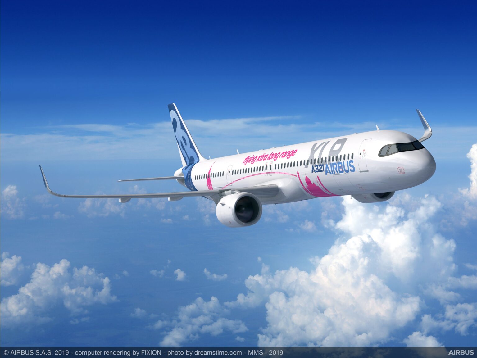 A computer rendering of an Airbus A321 in flight. The aircraft is white with pink accents and the Airbus logo. It is flying above white clouds with a blue sky in the background.