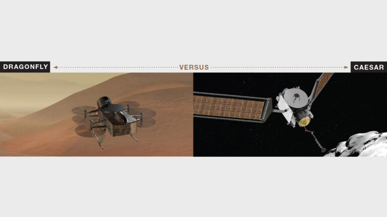 Illustration comparing two space missions: Dragonfly, a rotorcraft lander on the left, and CAESAR, a spacecraft collecting samples from a comet on the right.