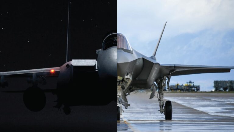 A split image of military jets: the left half depicts a jet at night with a lit red light, while the right half shows a jet on the ground during daytime.