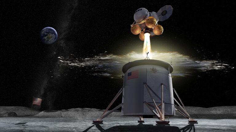 A spacecraft launches into space from a lunar surface module with the Earth visible in the background.