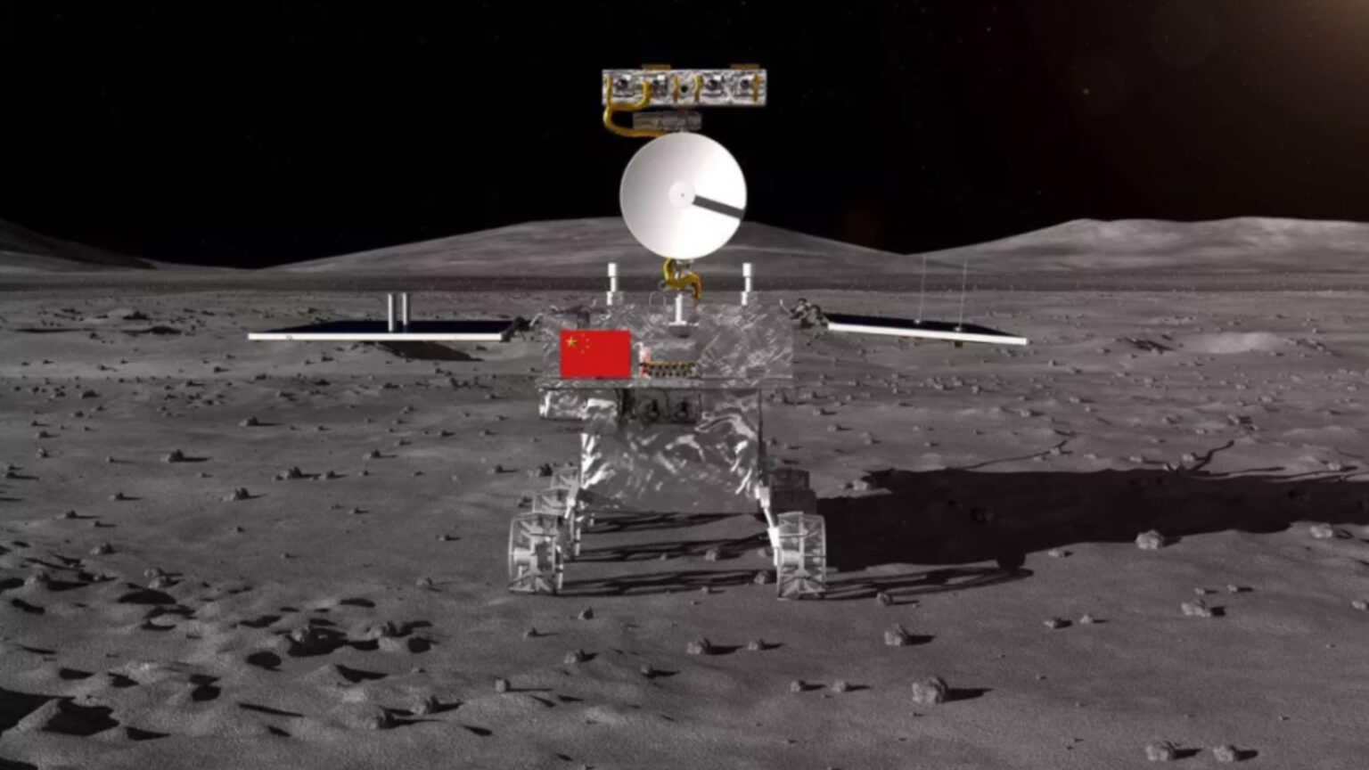 A robotic lunar rover with a large satellite dish, solar panels, and a red national flag moves across the rocky lunar surface.