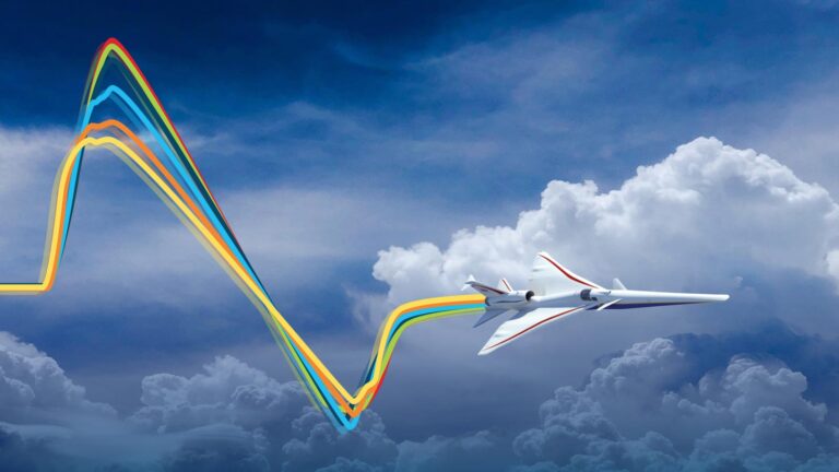 A sleek aircraft flies above the clouds, trailing colorful lines representing its flight path against a blue sky.